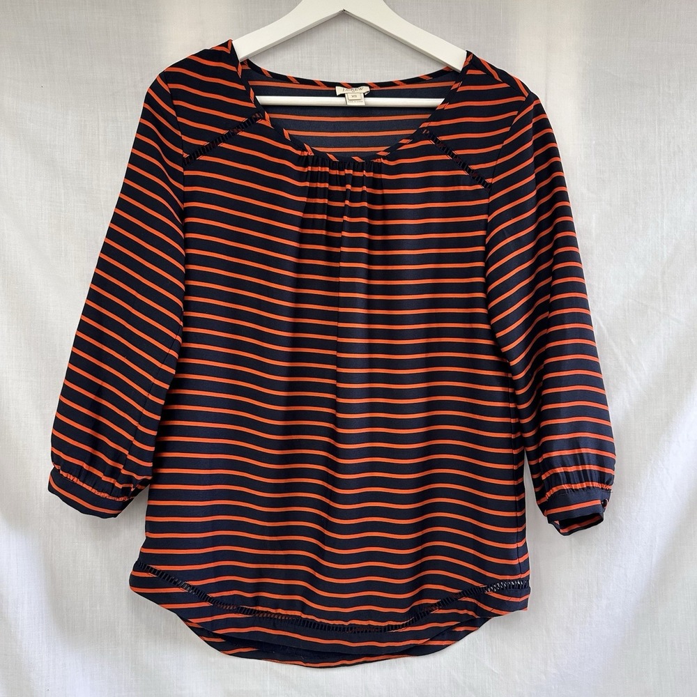 J crew Navy Orange Striped 3/4 sleeve curved hem lace X‎ Small Pullover Top EUC